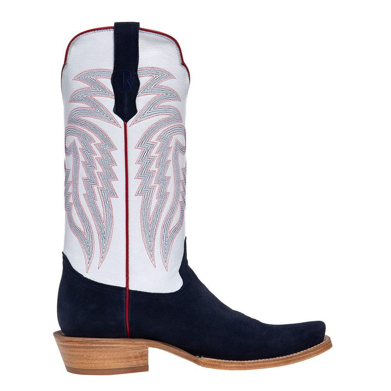 R Watson Boots Men's Midnight Blue Roughout 13in. Winter White Cowhide Top Cutter Toe Cowboy Boots