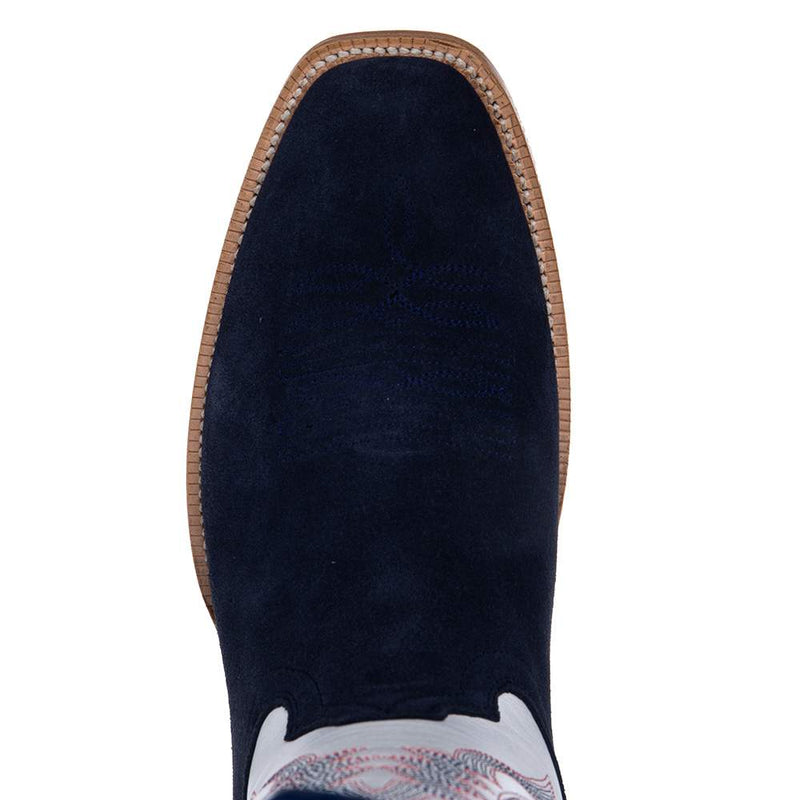 R Watson Boots Men's Midnight Blue Roughout 13in. Winter White Cowhide Top Cutter Toe Cowboy Boots