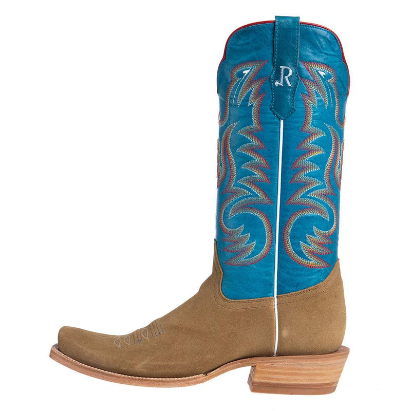 R Watson Boots Men's Sand Roughout 13in. Marine Blue Cowhide Top Cutter Toe Cowboy Boots