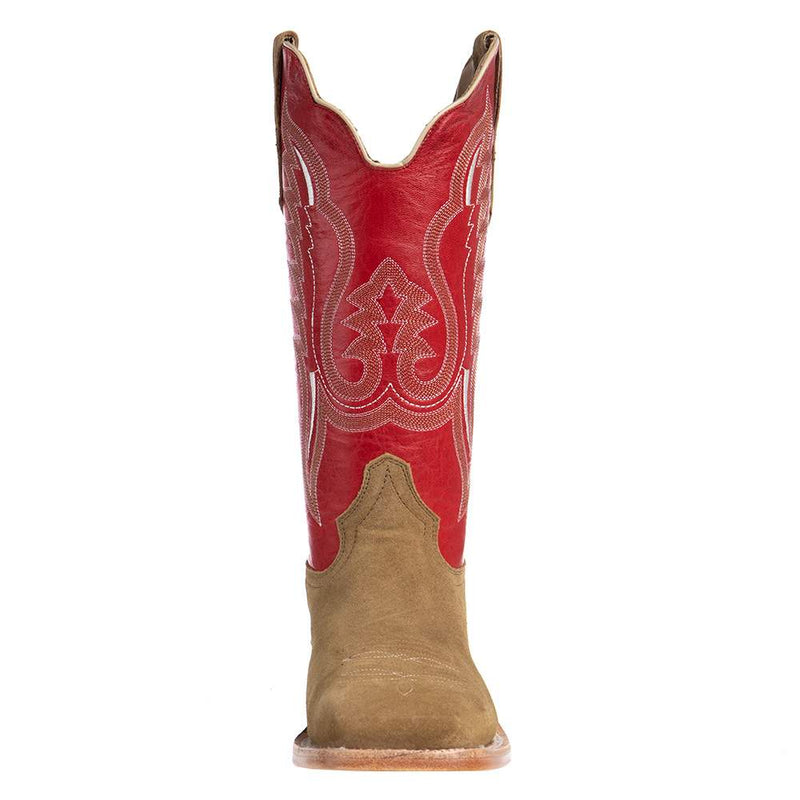 R Watson Boots Men's Sand Roughout 13in. Cherry Red Cowhide Top Square Toe Cowboy Boots