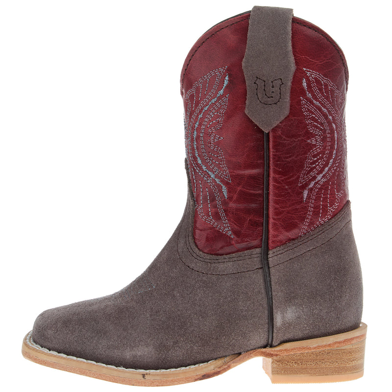 R Watson Boots R Childrens Charcoal Rough Out with Dark Cherry Shaft Square Toe Boot