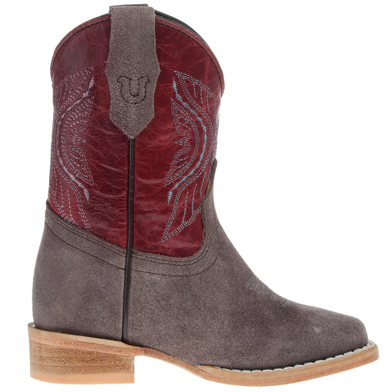 R Watson Boots R Childrens Charcoal Rough Out with Dark Cherry Shaft Square Toe Boot
