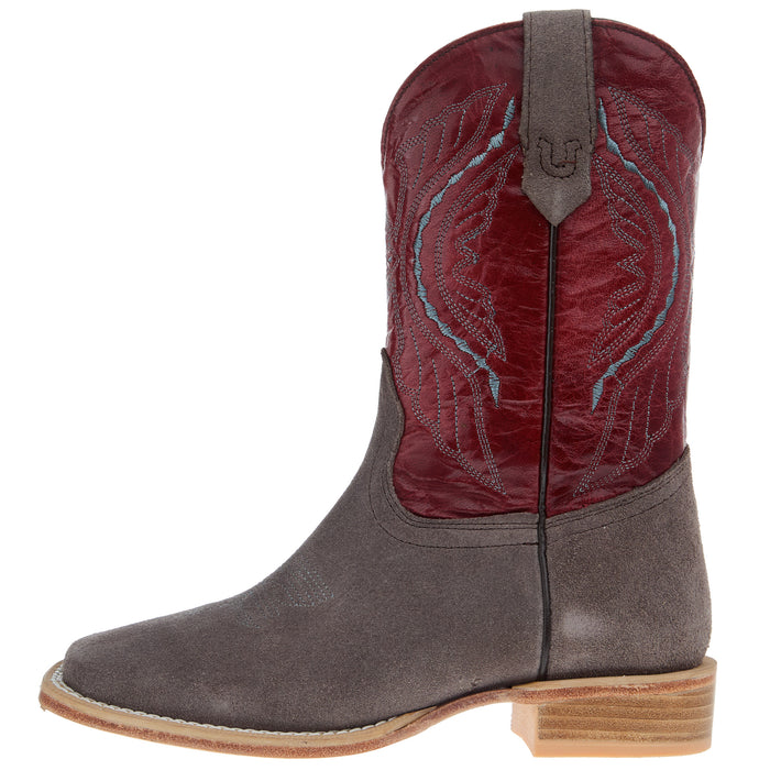 R Watson Boots R Youth Charcoal Rough Out with Dark Cherry Shaft Square Toe Boot
