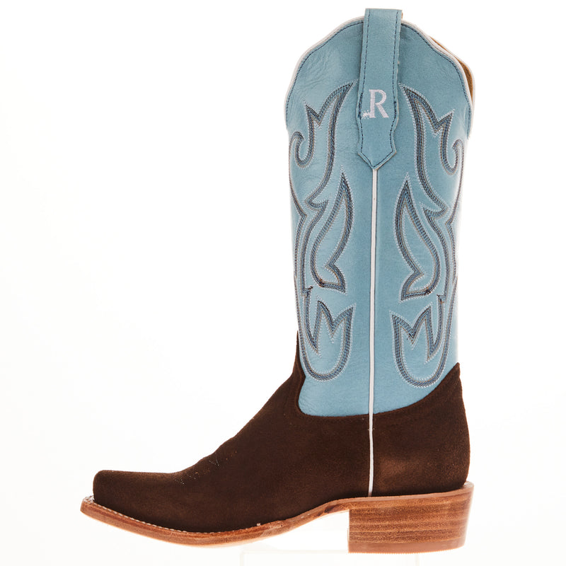 R Watson Boots Women's Chocolate Rough Out 13 In Sky Blue Top Cowgirl Boot
