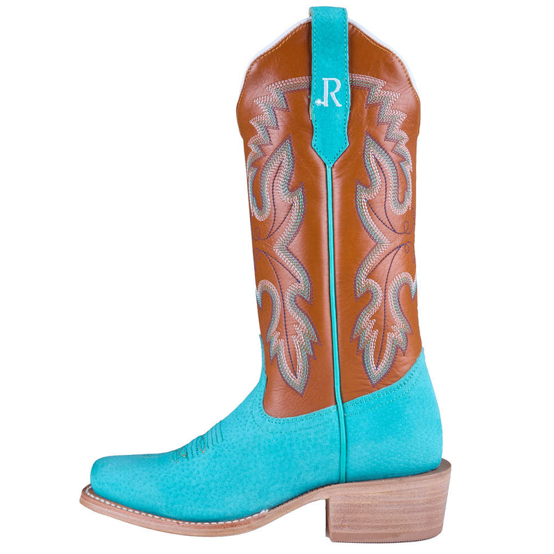 R Watson Boots Women's Turquoise Boar Vamp 13in Tan Cowhide Top Boot