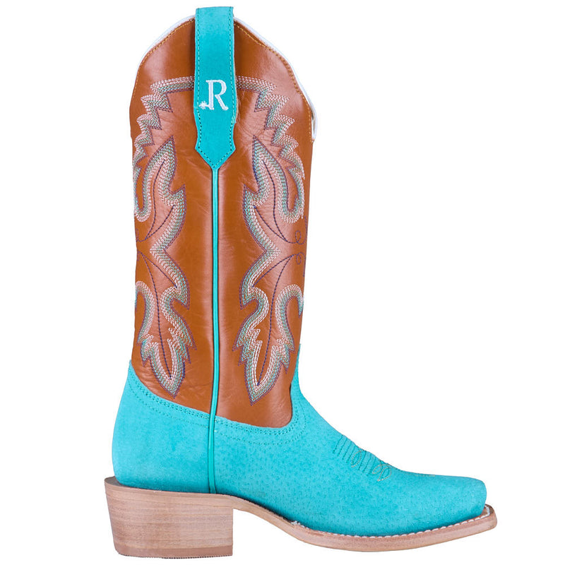 R Watson Boots Women's Turquoise Boar Vamp 13in Tan Cowhide Top Boot