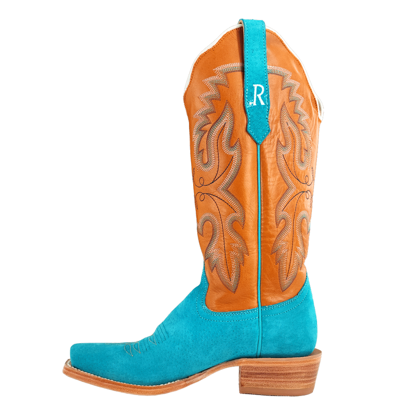 R Watson Boots Women's Turquoise Boar Vamp 13in Tan Cowhide Top Boot