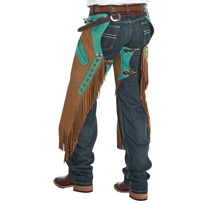 Rockin` Y Saddlery Cream Roughout with Teal Border Arizona Chinks