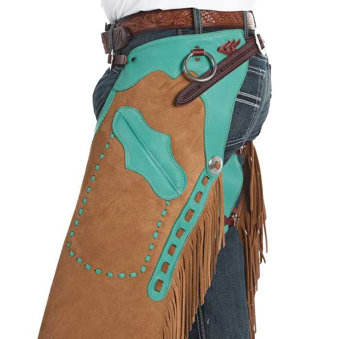 Rockin` Y Saddlery Cream Roughout with Teal Border Arizona Chinks