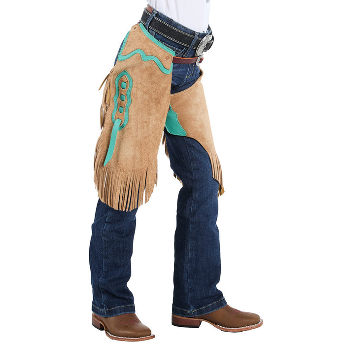Rockin` Y Saddlery Kid Tabacco Roughout with Teal Border Chinks