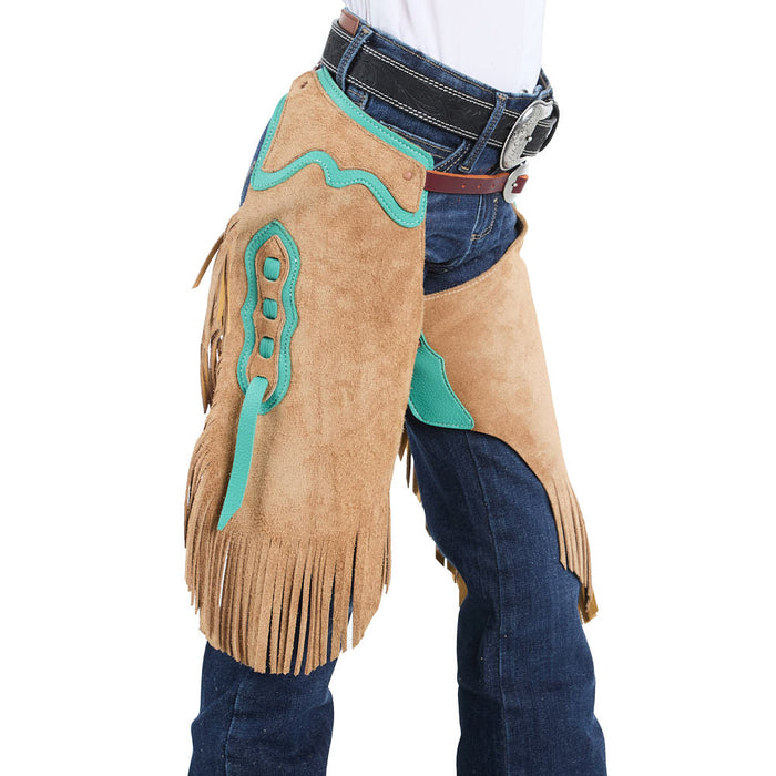 Rockin` Y Saddlery Kid Tabacco Roughout with Teal Border Chinks