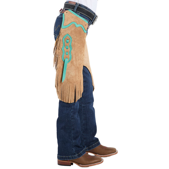Rockin` Y Saddlery Kid Tabacco Roughout with Teal Border Chinks