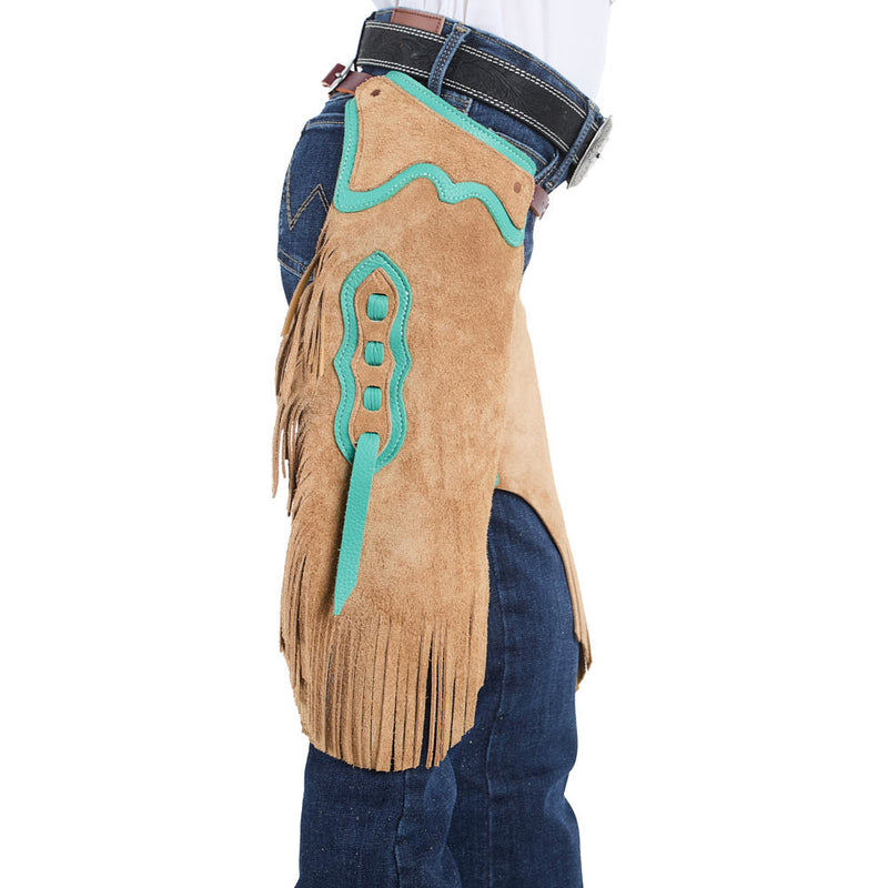 Rockin` Y Saddlery Kid Tabacco Roughout with Teal Border Chinks