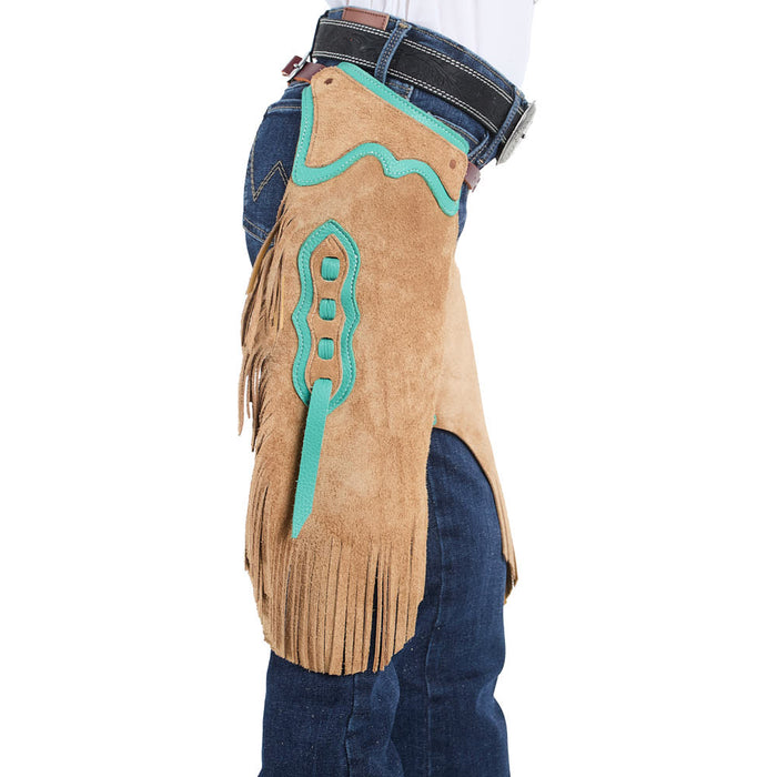 Rockin` Y Saddlery Kid Tabacco Roughout with Teal Border Chinks