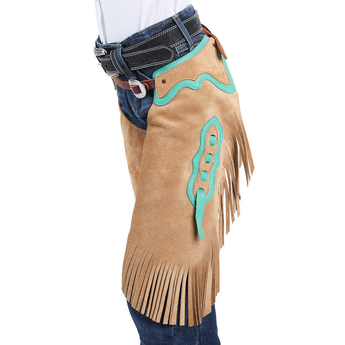 Rockin` Y Saddlery Kid Tabacco Roughout with Teal Border Chinks