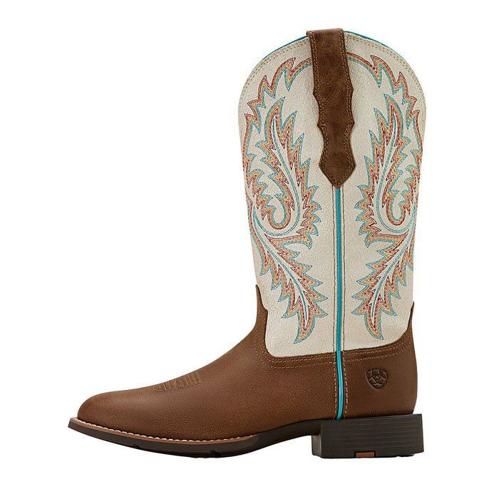 Ariat Women`s Round Up Tan Vamp 13In White Embroidered Top Boot