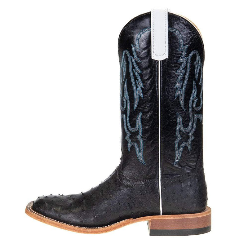 Anderson Bean Men's Black Full Quill Ostrich 13in. Black Kidskin Top Square Toe Boots