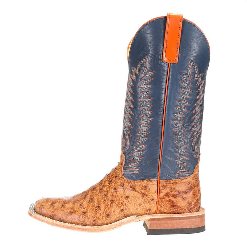 Anderson Bean Mens Brandy Bruchiato Full Quill Ostrich 13in Burnished Navy Calf Top Boots