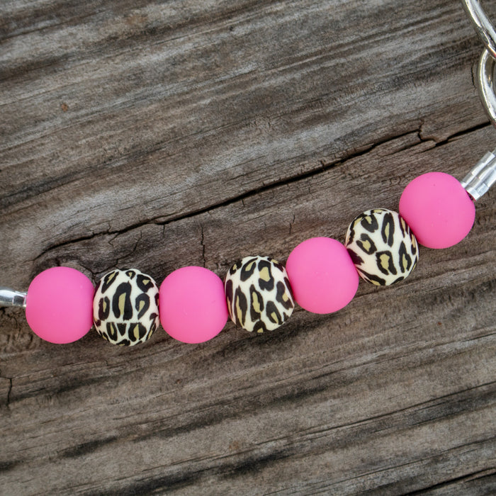 NRS Neon Pink Leopard Silicone Beaded Chain Gag Curb Strap