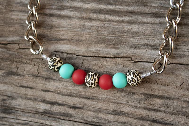 NRS Red Turquoise Leopard Silicone Beaded Gag Curb Chain