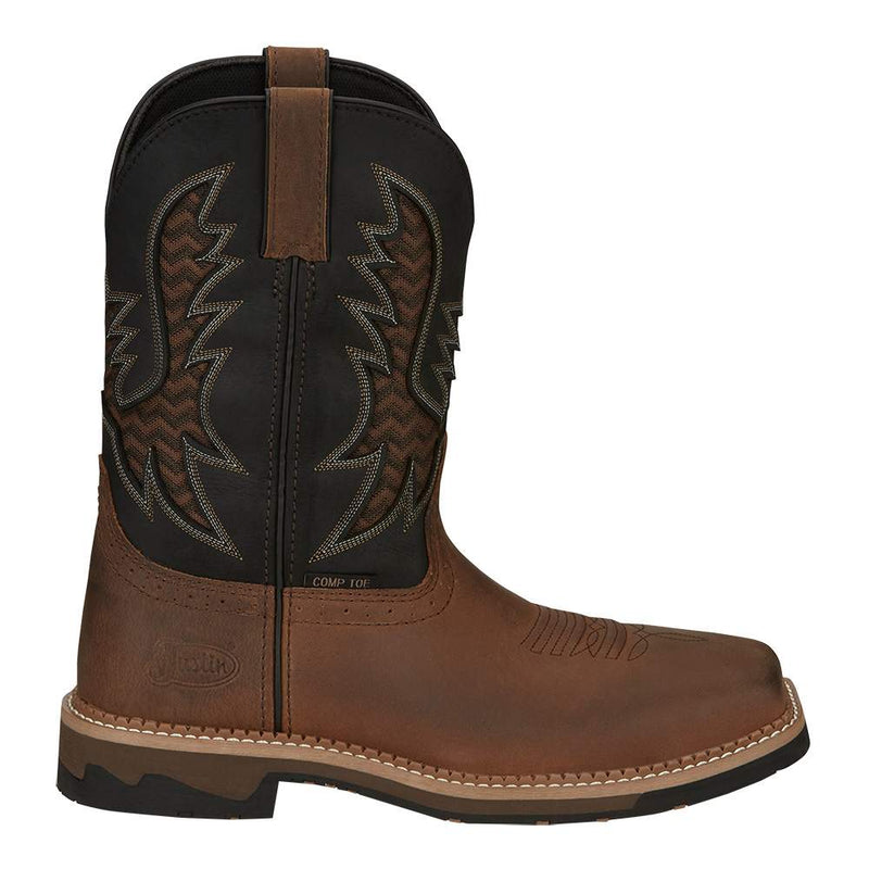 Justin Boot Company Men`s Stampede Bolt Pecan Water Buffalo 11` Black Water Buffalo Nano Comp