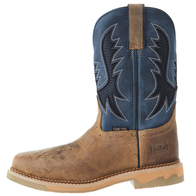 Justin Boot Company Mens Stampede Bolt Peanut Tan 11 In Top Nano Comp Square Toe Work Boot