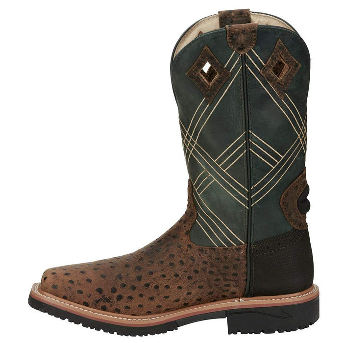 Justin Boot Company Men's Stampede Hybred Dalhart Brown Ostrich Print Nano Composite Waterproof Work Boot