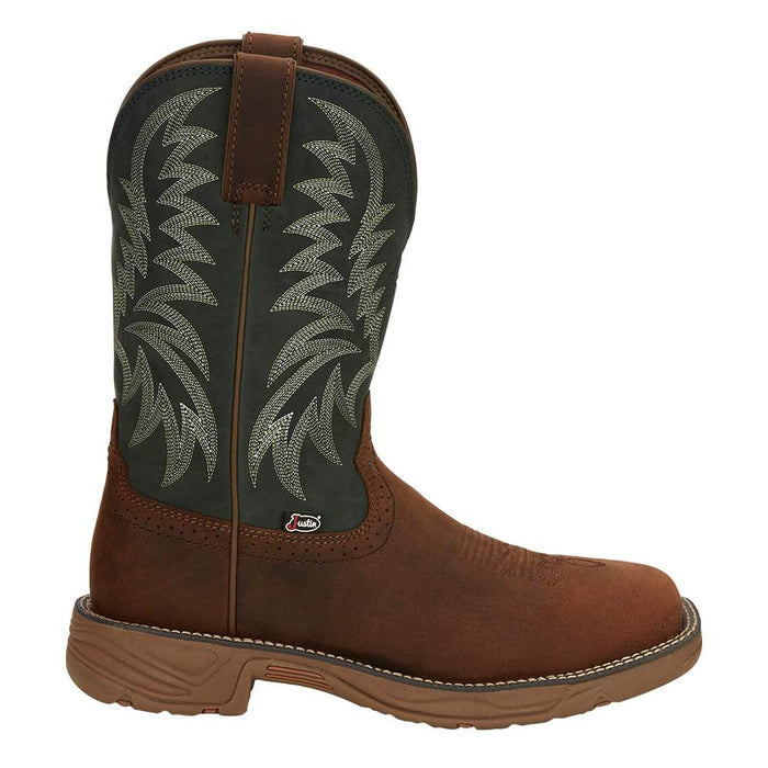 Justin Boot Company Men's Pecan Brown Water Buffalo 11 Forest Green Top Work Boot