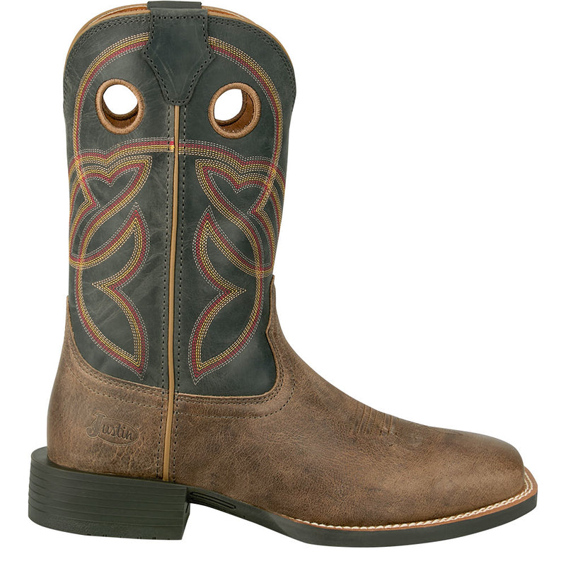 Justin Boot Company Men's Stampede Distressed Brown Water Buffalo Vamp 11in Stone Grey Water Buffalo Top