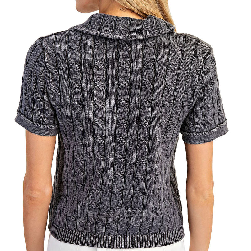 Ee Some Women's Ink Cable Knit Contrast Floral Lined Polo Top