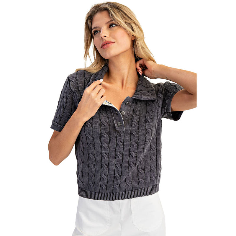 Ee Some Women's Ink Cable Knit Contrast Floral Lined Polo Top