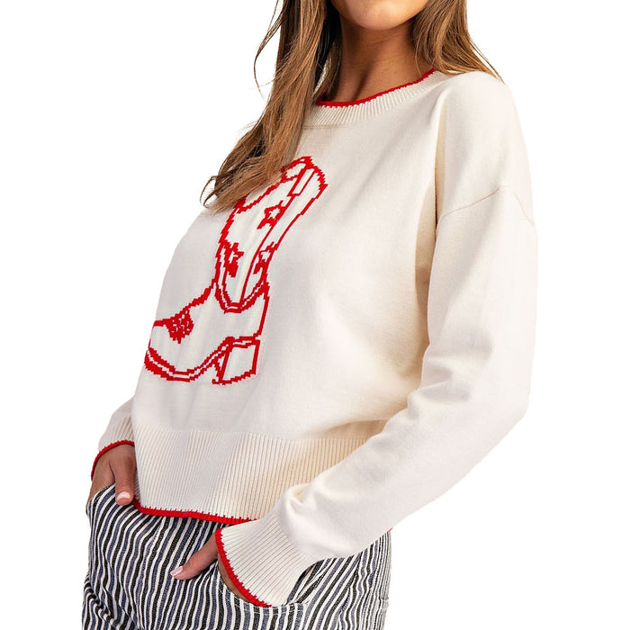 Ee Some Women's Bone Cowgirl Boots Embroidered Sweater