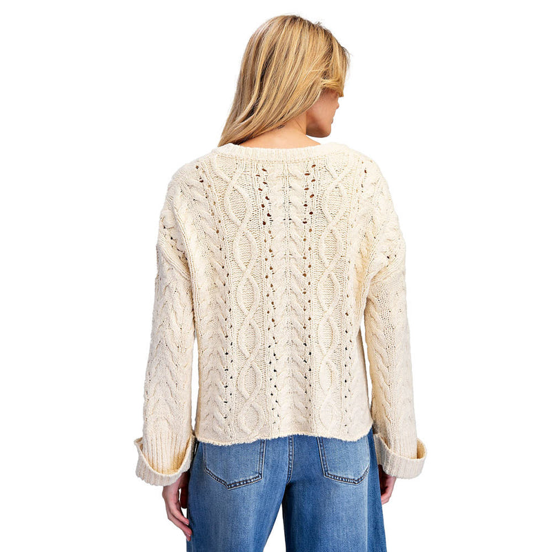Ee Some Women's Oatmeal Cable Knit Partial Button Sweater