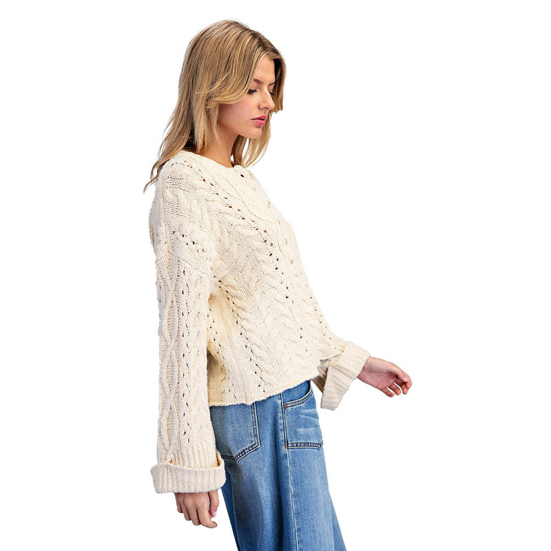 Ee Some Women's Oatmeal Cable Knit Partial Button Sweater
