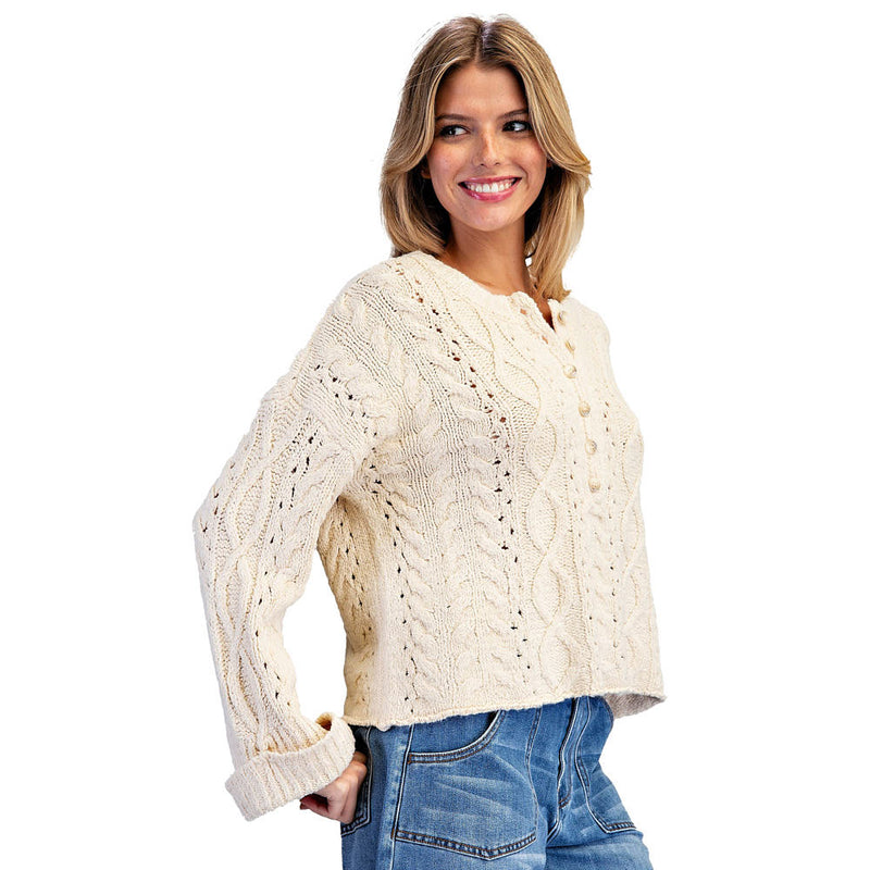 Ee Some Women's Oatmeal Cable Knit Partial Button Sweater
