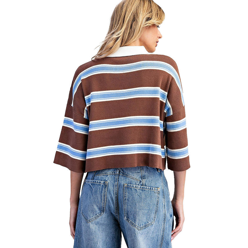 Ee Some Women's Cloud Cocoa Striped Half Sleeve Knit Polo