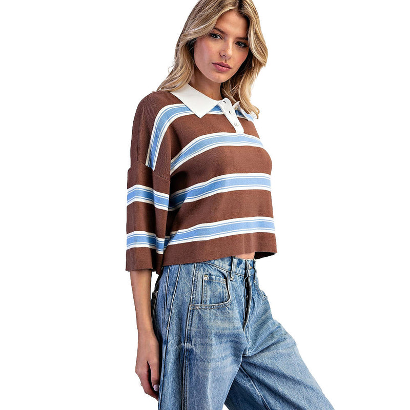 Ee Some Women's Cloud Cocoa Striped Half Sleeve Knit Polo