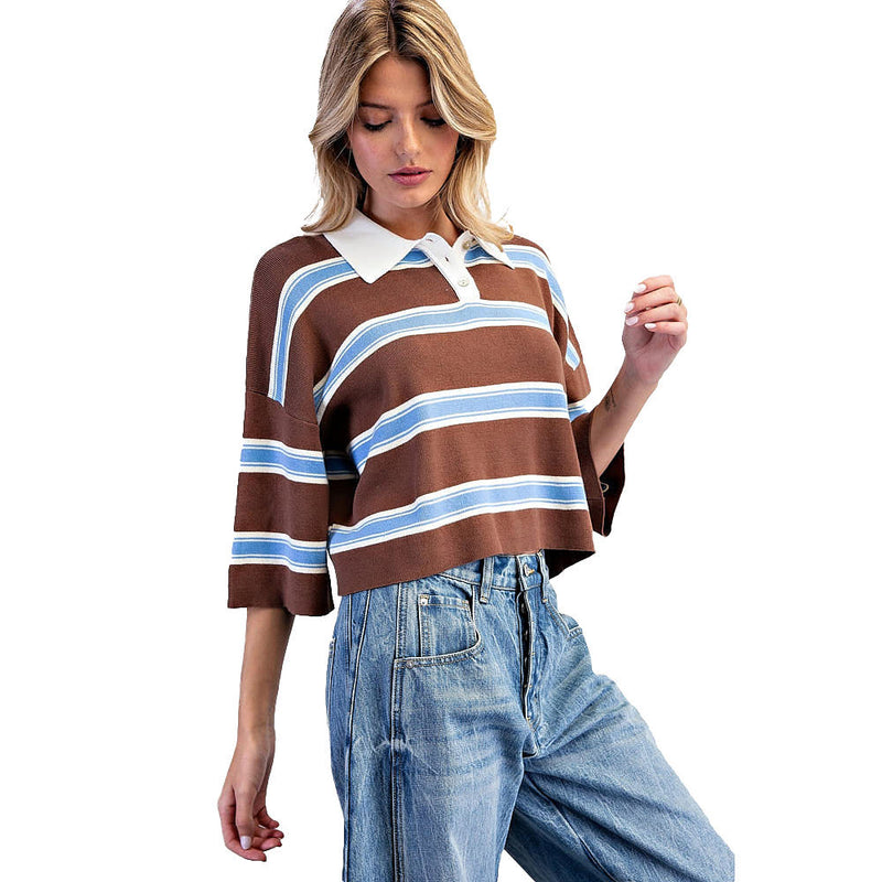 Ee Some Women's Cloud Cocoa Striped Half Sleeve Knit Polo