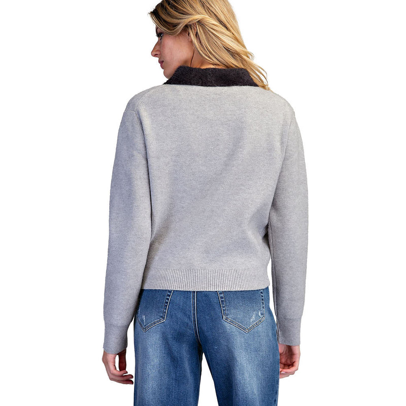 Ee Some Women's Charcoal Fuzzy Collar Split Neck Sweater
