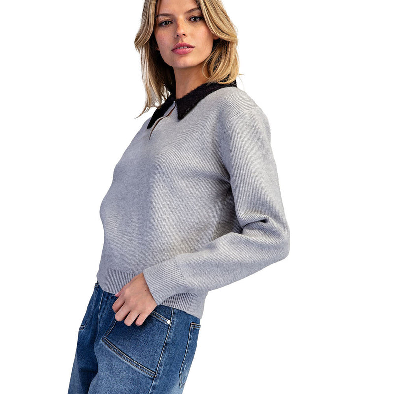Ee Some Women's Charcoal Fuzzy Collar Split Neck Sweater