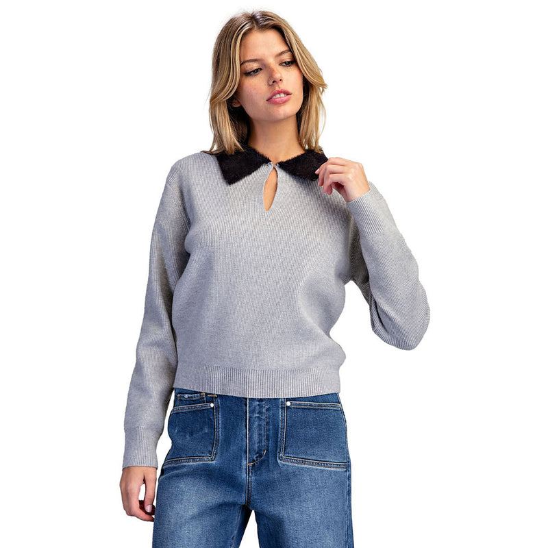 Ee Some Women's Charcoal Fuzzy Collar Split Neck Sweater