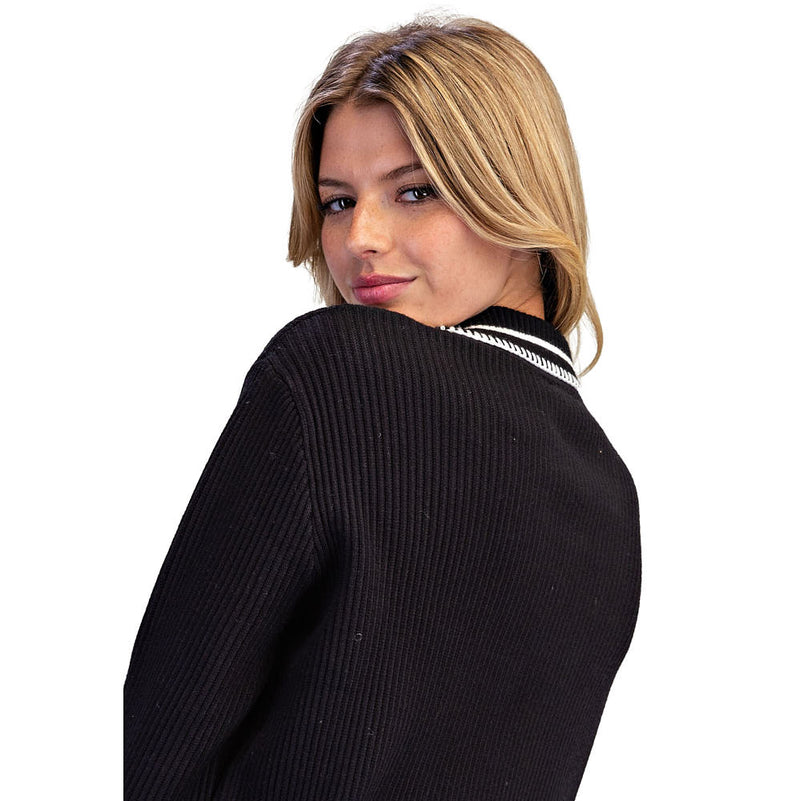 Ee Some Women's Black Whipstitch Collared Long Sleeve Knit Top