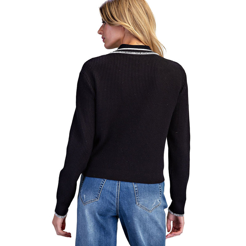 Ee Some Women's Black Whipstitch Collared Long Sleeve Knit Top
