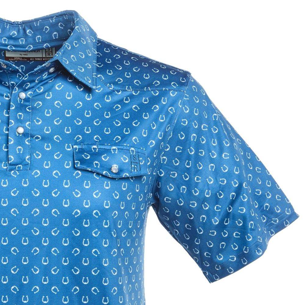 Sand Hill Ranch Mens Blue/White Horseshoe Pearl Snap Polo Sand Hill Ranch Mens Blue/White Horseshoe Pearl Snap Polo
