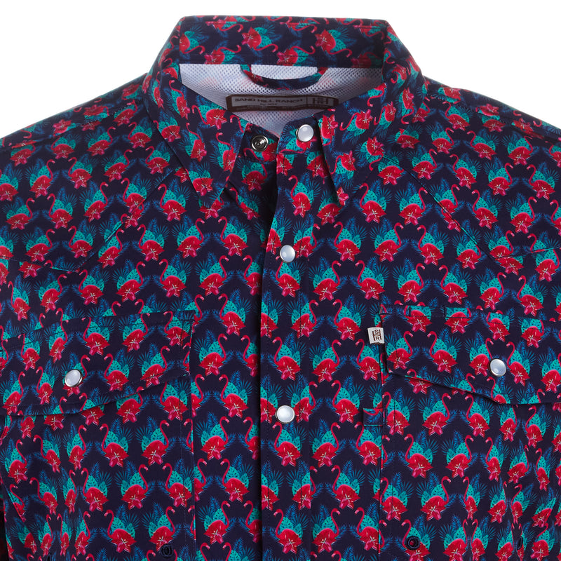 Sandhill Ranch Men's Short Sleeve Flamingo Print Snap Shirt