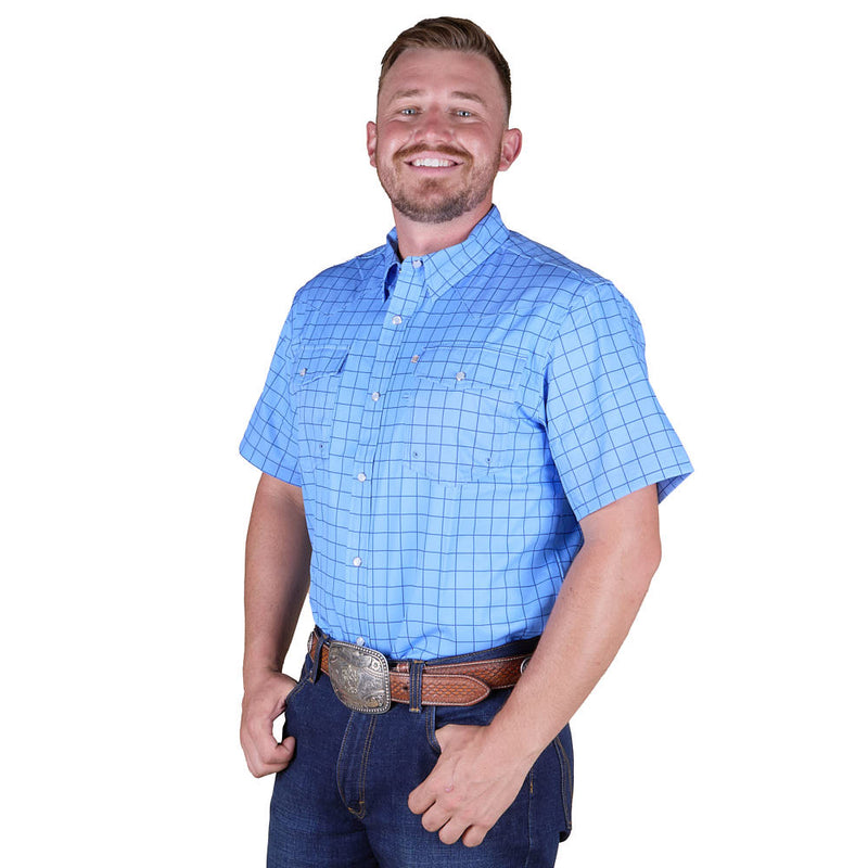 Brandcowboy Men's Blue Window Pane Short Sleeve Snap Shirt