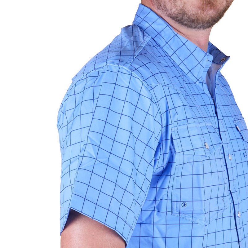 Brandcowboy Men's Blue Window Pane Short Sleeve Snap Shirt