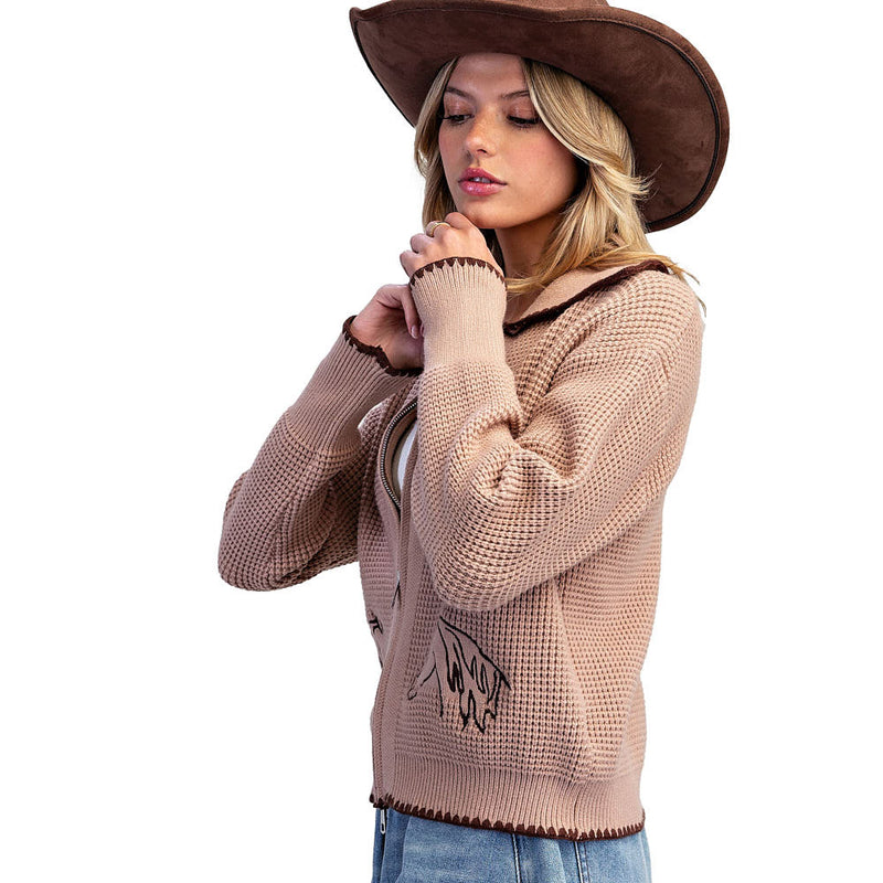 Ee Some Women's Taupe Horse Waffle Zip Jacket