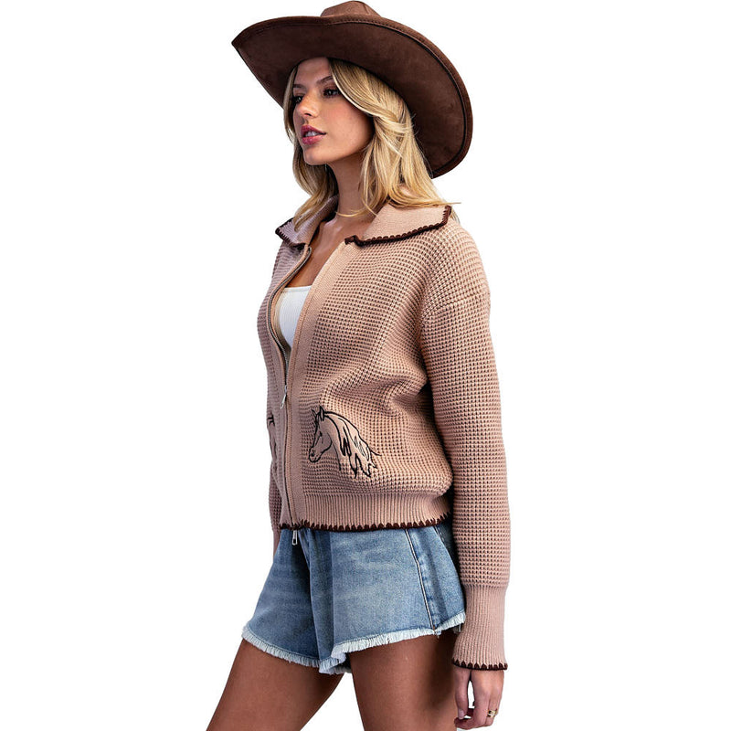 Ee Some Women's Taupe Horse Waffle Zip Jacket