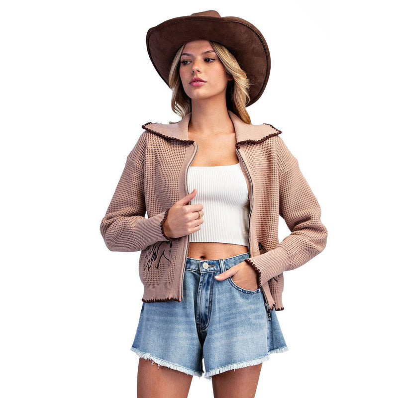Ee Some Women's Taupe Horse Waffle Zip Jacket
